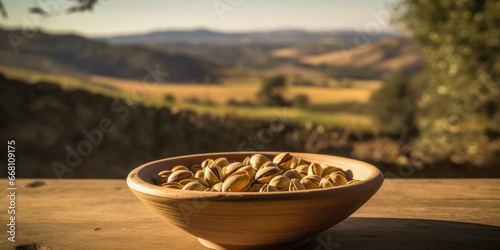 Bowl of pistachios on a wooden table with a background view of the field. Generative AI.