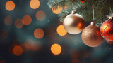 Christmas and New Year background with fir tree branches, bokeh effect.