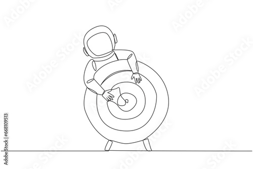 Single one line drawing young astronaut hugging arrow board target. Focus on achieving the best goals. The purpose of the expedition. Science and knowledge. Continuous line design graphic illustration