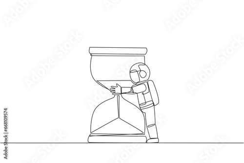 Single continuous line drawing young astronaut hugging giant hourglass. The concept of waiting for the time to return to earth. The expedition finished smoothly. One line design vector illustration