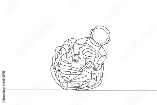 Continuous one line drawing astronaut hugging tangled circle. Trying to get rid of excess anxiety. Calm the mind for the good and smoothness of expedition. Single line draw design vector illustration