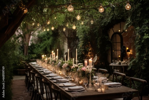 Dinner reception tablescape outside. Candles, green