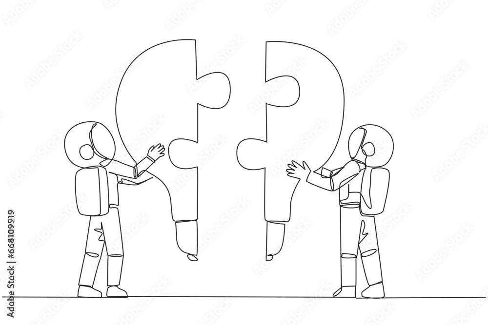 Single continuous line drawing two astronauts holding up two lightbulb-shaped puzzle pieces. Metaphors elevate and unite brilliant ideas. Deep space teamwork. One line design vector illustration Single continuous line drawing two astronauts holding up two lightbulb-shaped puzzle pieces. Metaphors elevate and unite brilliant ideas. Deep space teamwork. One line design vector illustration