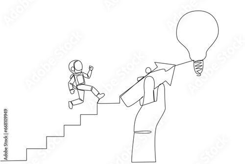 Single continuous line drawing astronaut climbs ladder, one of the steps in the shape of an arrow held in a large hand. Great teamwork reaching for lightbulb. One line design vector illustration