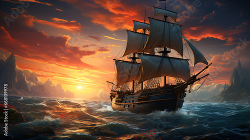 ship in the sunset / sunrise on the sea / ocean © Vilius