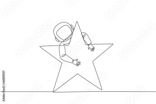 Continuous one line drawing young energetic astronaut hugging huge star. Received a star award after making several expeditions to the surface of the moon. Single line draw design vector illustration