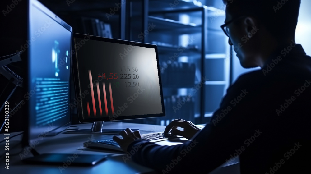 Man in office environment studying graphs and numbers. Generative ai.