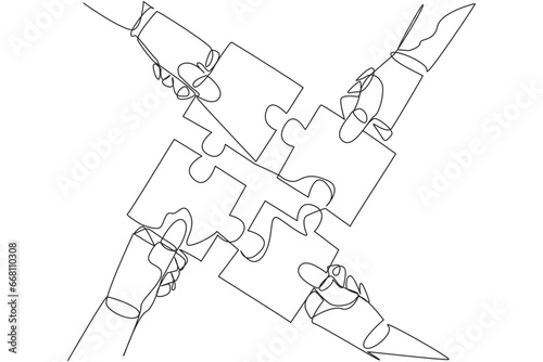 Continuous one line drawing four robot hands holding a puzzle piece each other. Doing teamwork to assemble puzzle pieces into one shape. Future AI tech. Single line draw design vector illustration