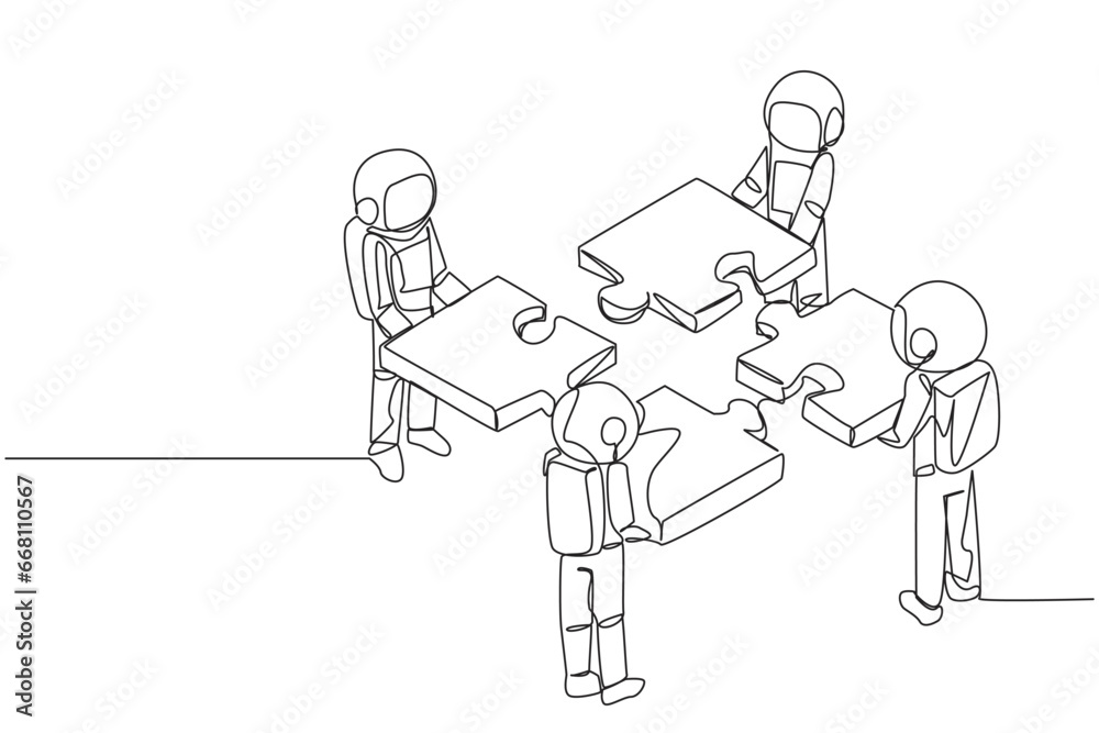 Single continuous line drawing four young energetic astronaut standing with each holding puzzle pieces. Teamwork to put together the puzzle into one shape. Cosmic. One line design vector illustration