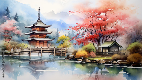 Watercolor japan concept art painting style, asian landscape in water color  photo