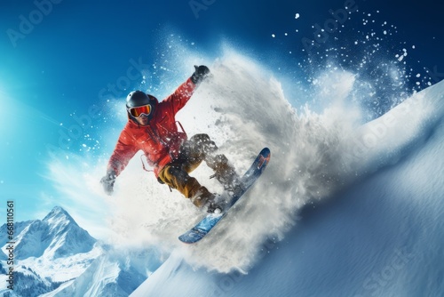 Snowboarder jumping in the air in fresh snow powder