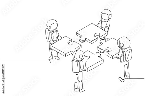 Single continuous line drawing four young energetic astronaut standing with each holding puzzle pieces. Teamwork to put together the puzzle into one shape. Cosmic. One line design vector illustration