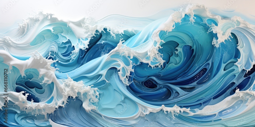 Solated waves on a blue ocean with white foam. Background is white. wide style