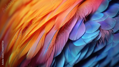 Close-up view of colored feathers. Textured background
