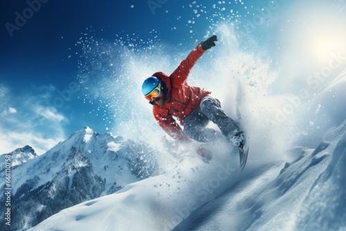 Snowboarder jumping in the air in fresh snow powder