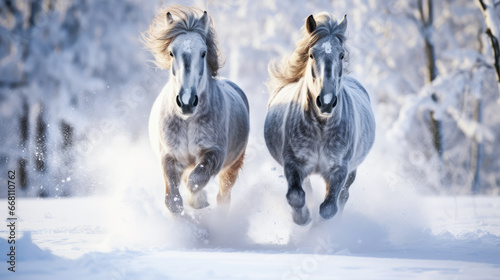 Two Horses Running in Snow