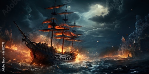 Stormy sea at night. Heavy sea. A strong storm with big waves in the ocean. Night thunderstorm