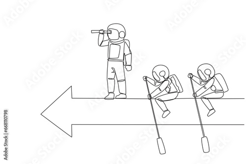 Single continuous line drawing 3 astronauts ride arrows. Teamwork with two of them rowing, the rest standing up using binoculars. Cosmic galaxy outer space concept. One line design vector illustration