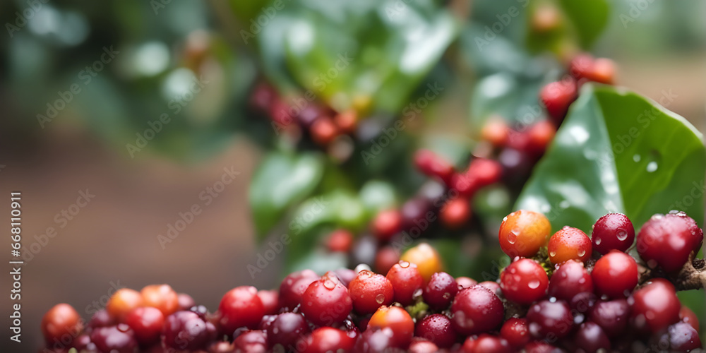 coffee berries with water droplets on organic farm.