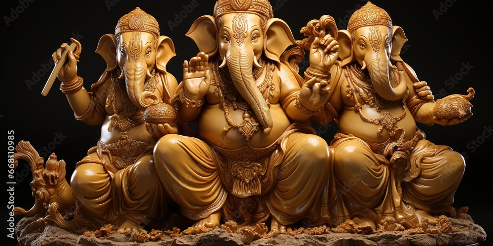 The ganeshas are pictured in their sitting pose, with gold plated hands& arms