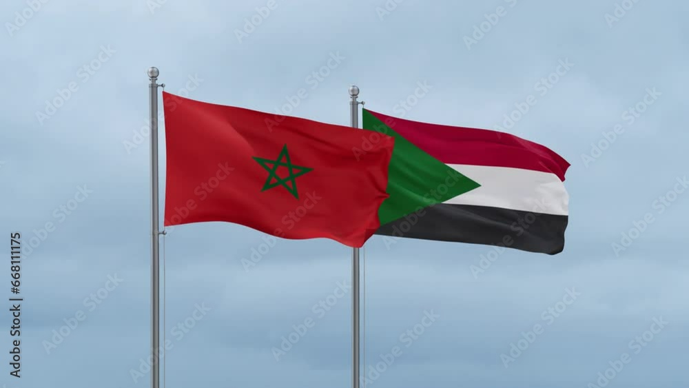 Sudan and Morocco flag waving together on cloudy sky, endless seamless loop, two country cooperation concept Sudan and Morocco flag waving together on cloudy sky, endless seamless loop, two country cooperation concept