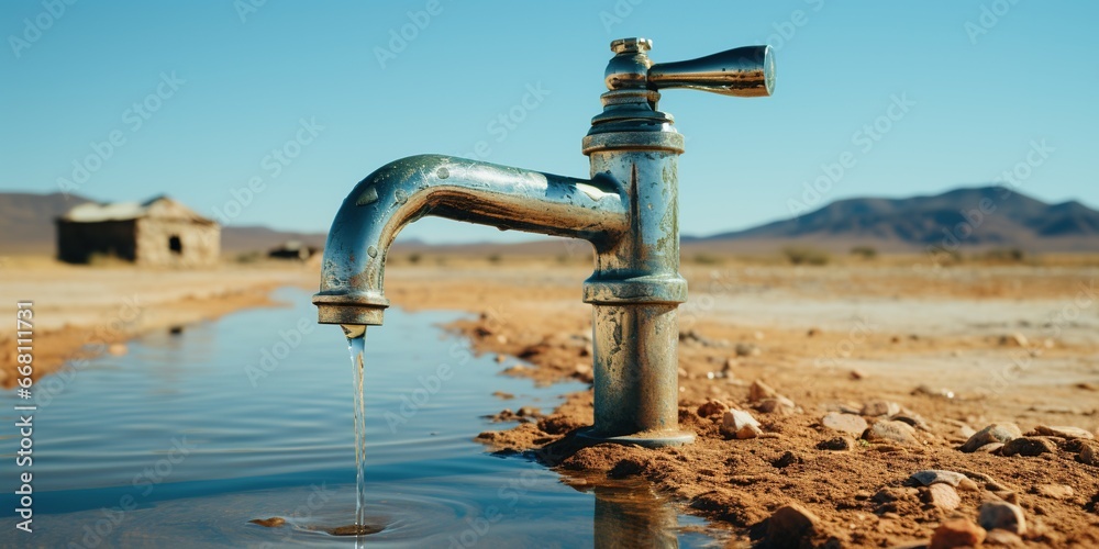 Lonely water faucet in the desert, desert without water, faucet in the desert