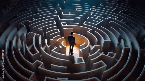 Businessman standing in middle of a maze looking for the right way out , problems and solutions concept