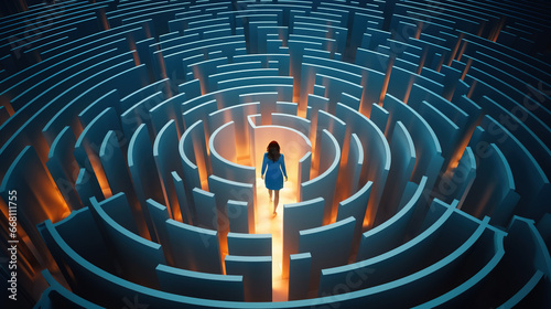 Businesswoman standing in middle of a maze looking for the right way out , problems and solutions concept photo