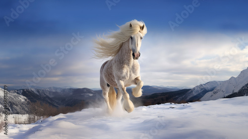 Beautiful grey horse with mane flowing in the wind running in the snow in front of majestic winter mountain landscape