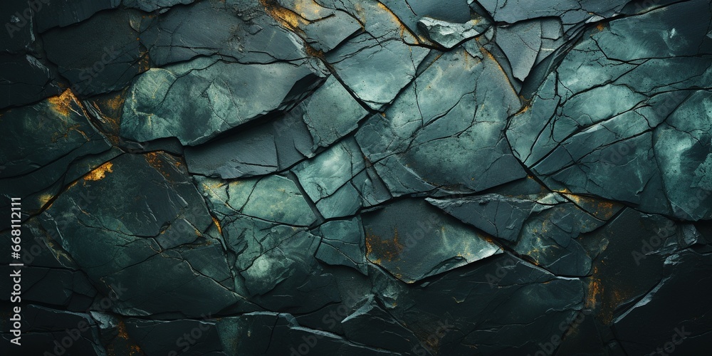 Black green stone background with cracks. Color gradient. Toned rough mountain surface. Close - up. Dark light. Green background with space for design