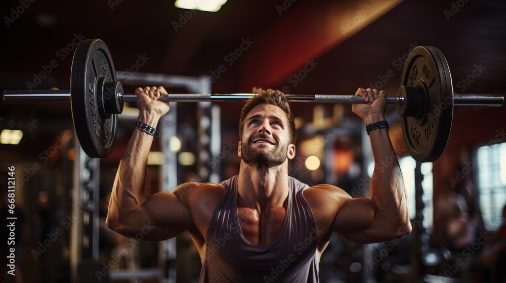 Barbell bench press. A young athlete on a simulator in a supine position loads the muscles of his arms and chest. Training of muscle groups of the upper body. gym Barbell bench press. A young athlete on a simulator in a supine position loads the muscles of his arms and chest. Training of muscle groups of the upper body. gym