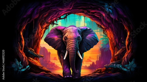 Elephant sitting cave neon light glowing illustration picture Ai generated art