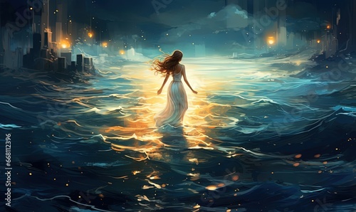 woman walking at sunset ocean bay, artistic painting illustration, Generative Ai