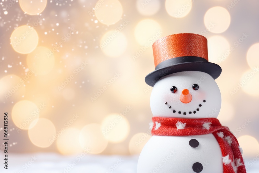 Christmas snowman in red top hat with scarf on background with blurry Christmas lights