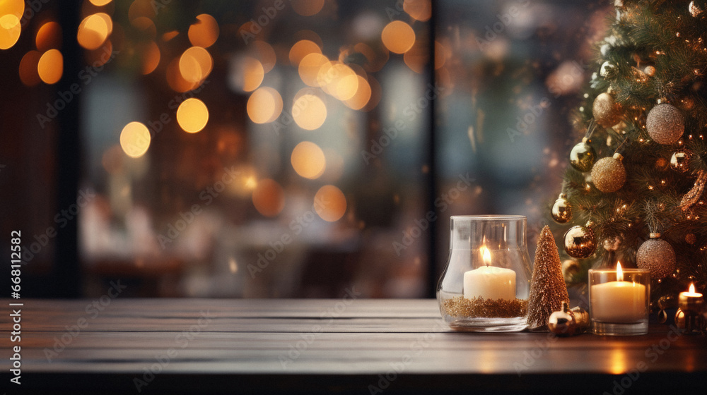 Christmas and New Year holiday background. Christmas tree, candles and bokeh. Christmas and New Year holiday background. Christmas tree, candles and bokeh.