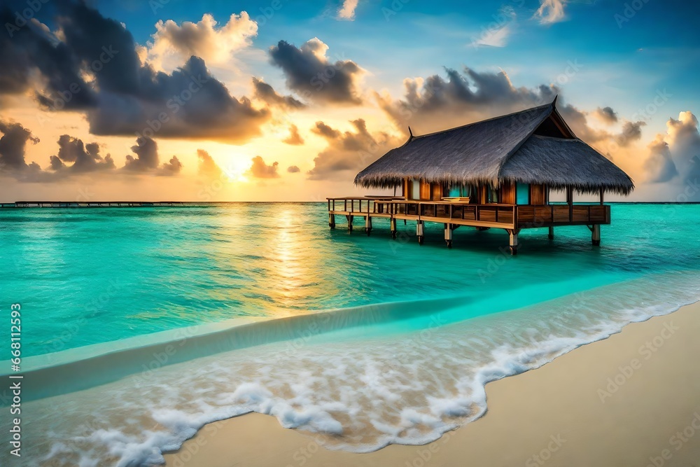 A Breathtaking Scenery Wallpaper of Pristine Beaches, Turquoise Waters, and Overwater Bungalows in the Ocean Paradise.