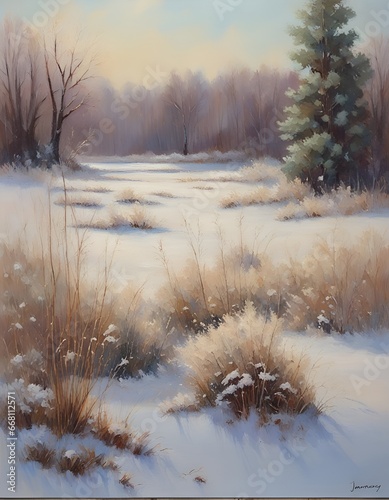Rustic Christmas, winter, snowy frosty meadow, with frozen tall grasses and winter flowers in the back evergreen trees covered with snow, muted colors,a lot of snow on the trees