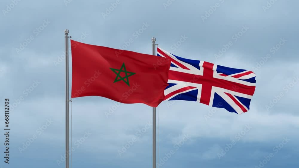 United Kingdom and Morocco flag waving together on cloudy sky, endless seamless loop, two country cooperation concept United Kingdom and Morocco flag waving together on cloudy sky, endless seamless loop, two country cooperation concept
