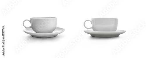 Obraz na płótnie A side view of two empty white coffee cups, mugs, for hot drink concepts isolated against a transparent background w salonie
