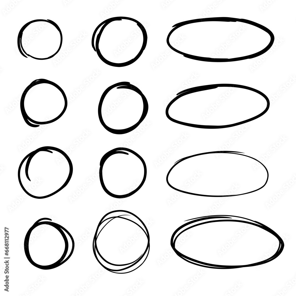 Doodle set of black hand drawn circle line sketch set. Vector circular ...