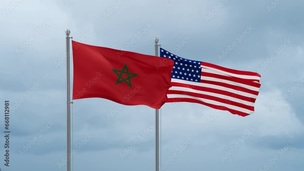 USA and Morocco flag waving together on cloudy sky, endless seamless loop, two country cooperation concept USA and Morocco flag waving together on cloudy sky, endless seamless loop, two country cooperation concept