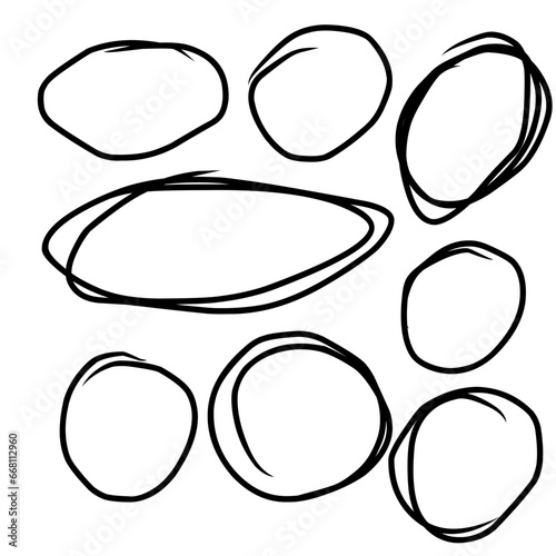 Doodle set of black hand drawn circle line sketch set. Vector circular scribble doodle round circles for message note mark design element. Pencil or pen highlighter elipses shapes