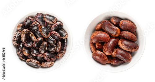 Foto Scarlet Runner beans, dried and boiled, in white bowls