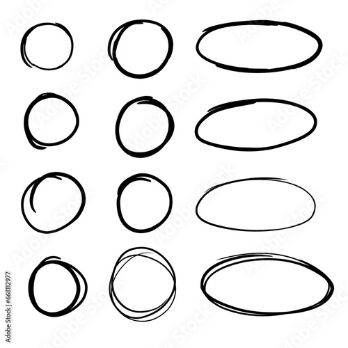 Doodle set of black hand drawn circle line sketch set. Vector circular scribble doodle round circles for message note mark design element. Pencil or pen highlighter elipses shapes
