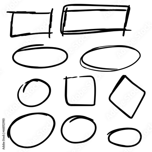 Doodle set of black hand drawn circle line sketch set. Vector circular scribble doodle round circles for message note mark design element. Pencil or pen highlighter elipses shapes