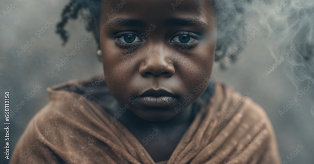 closeup portrait of african child girl in smoke - obrazy, fototapety, plakaty 