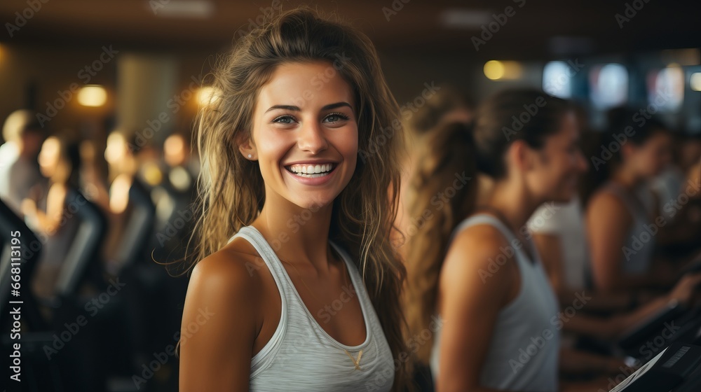 Slender athletic woman fitness on the background of sports equipment. Smiling woman pilates trainer. Concept: Beautiful body and motivation for sports Slender athletic woman fitness on the background of sports equipment. Smiling woman pilates trainer. Concept: Beautiful body and motivation for sports