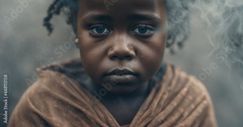 closeup portrait of african child girl in smoke