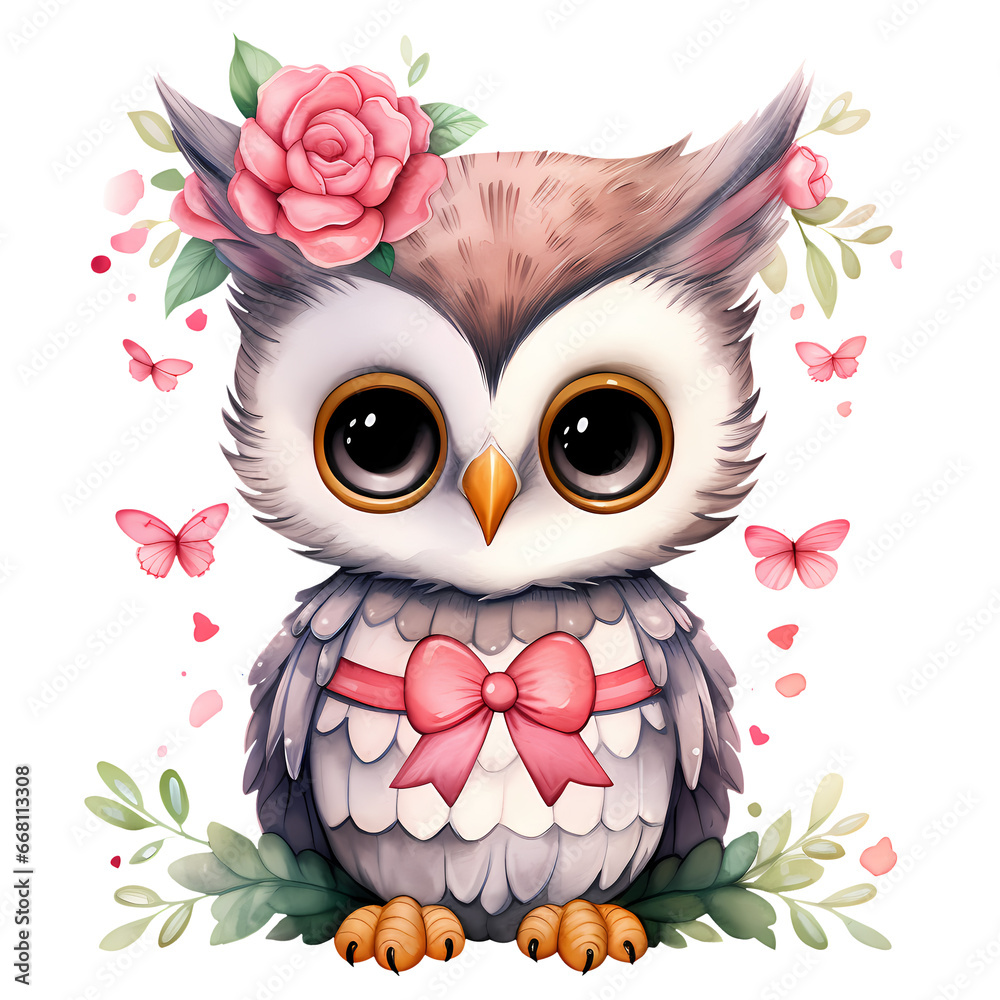 Obraz premium Watercolor Cute Kawaii Owl Valentine Clipart Illustration