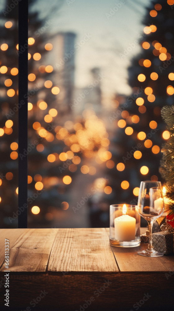 Wooden table in front of christmas tree with lights bokeh.
